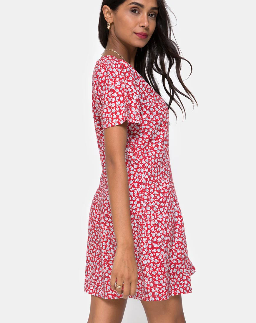 Kalea Dress in Ditsy Rose Red and Silver - Awmao