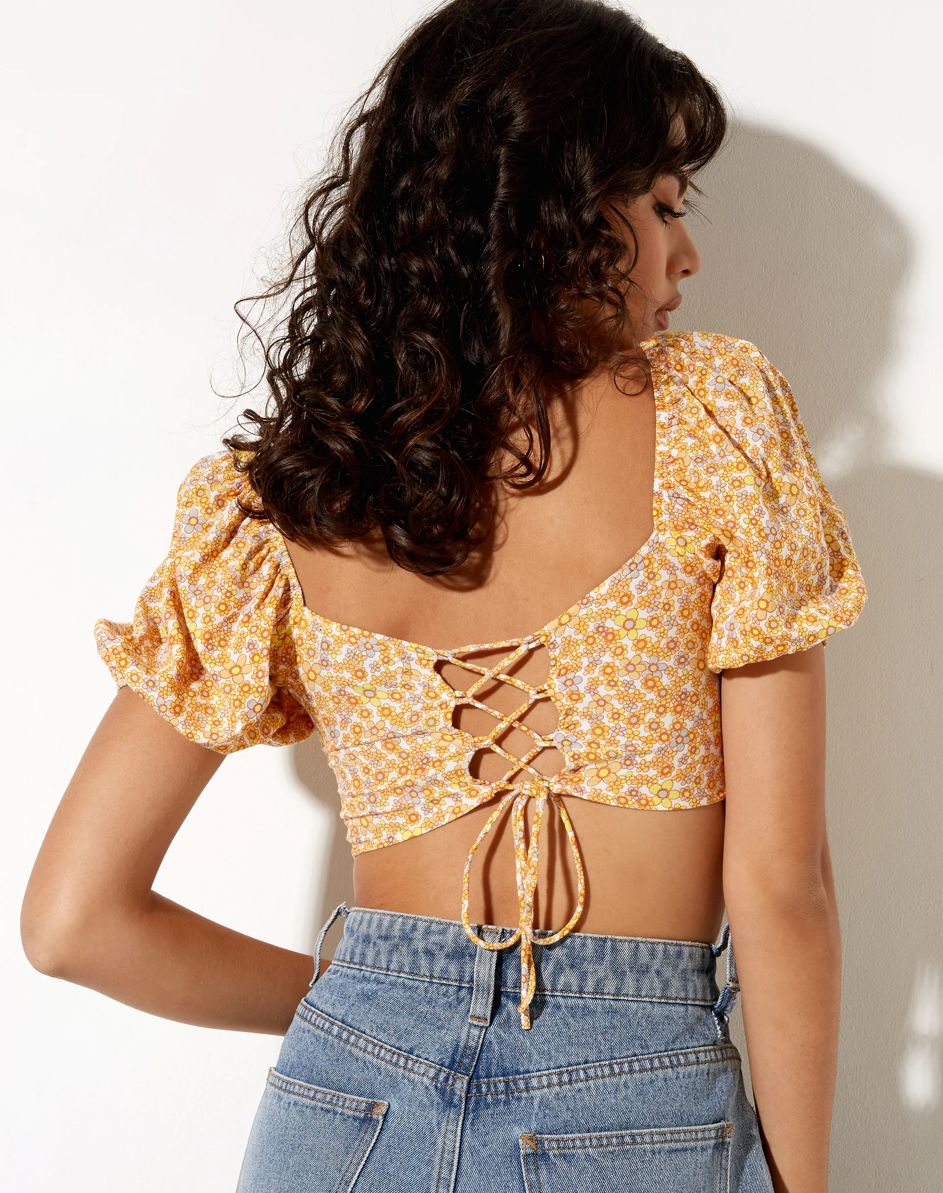 Yuja Crop Top in Flower Garden Yellow - Awmao