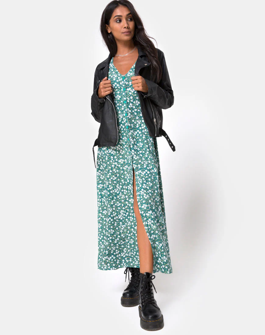 Sanrin Midi Dress in Floral Field Green - Awmao