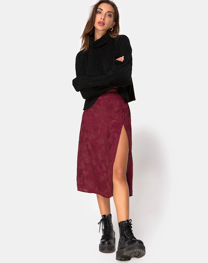 Saika Midi Skirt in Satin Rose Burgundy - Awmao