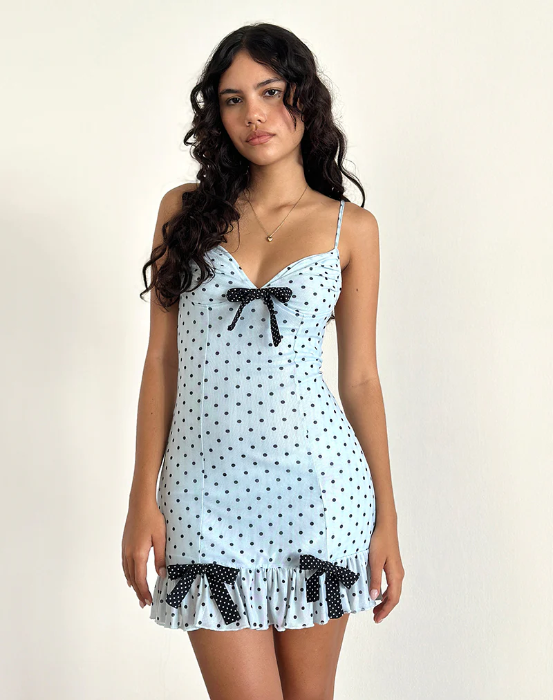 Khalil Mini Dress in Blue Black Basic Polka - Awmao