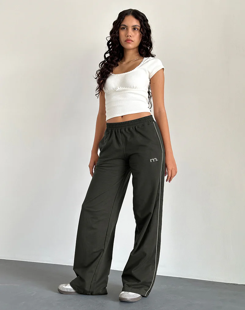 Benton Wide Leg Jogger in Olive with 'M' Embroidery - Awmao