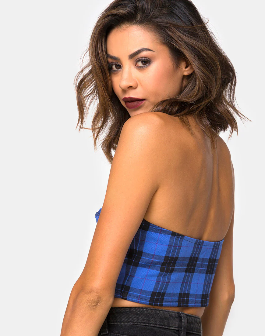 Zipshi Cropped Top in Tartan Blue - Awmao