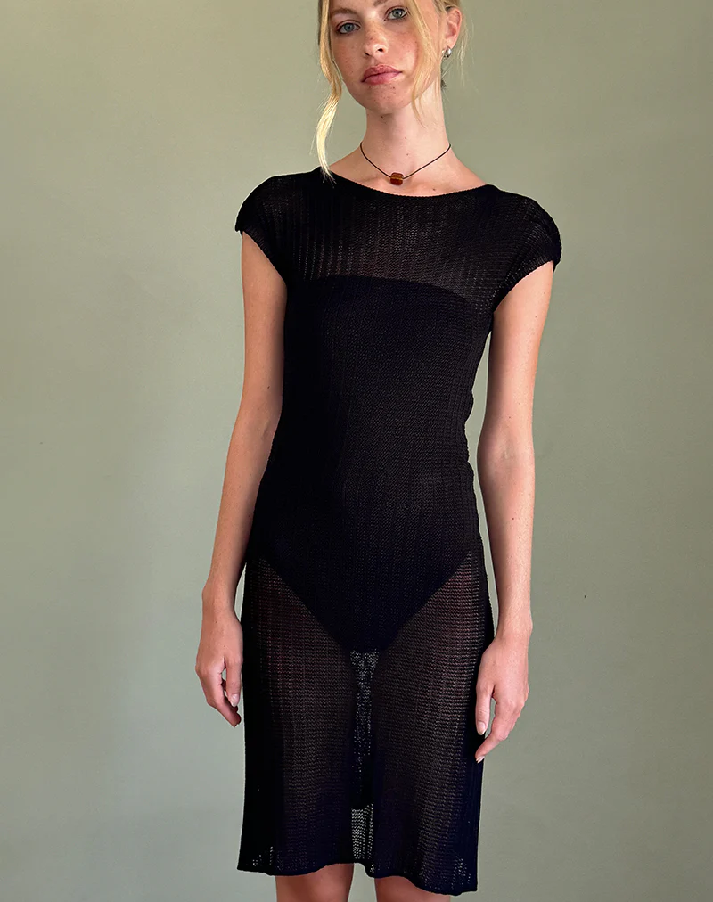Adeline Midi Dress in Wide Rib Knit Black - Awmao
