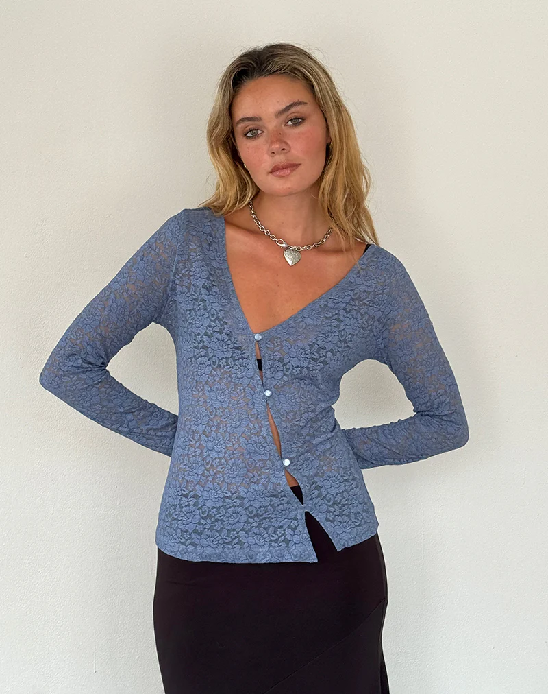 Zatin Asymmetrical Cardigan in Moonlight Blue Lace - Awmao
