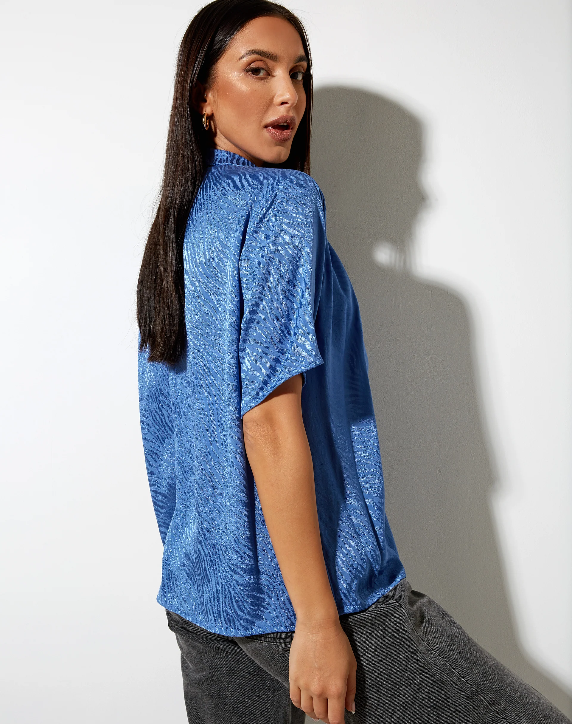 Nikra Shirt in Satin Zebra Blue Bonnet - Awmao