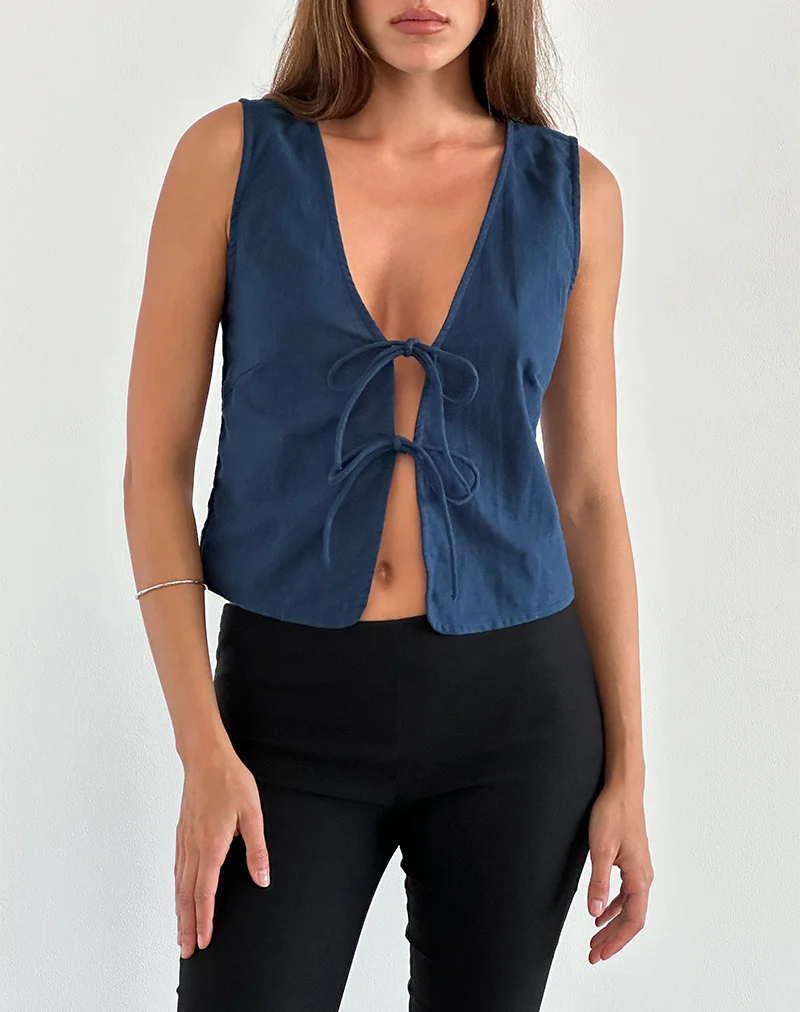 Kayve Tie Front Top in Navy - Awmao