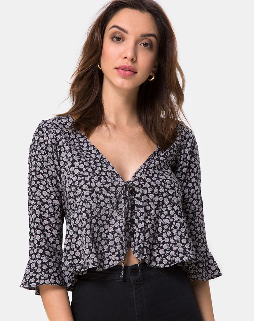 Vinequa Blouse in Ditsy Rose Black - Awmao