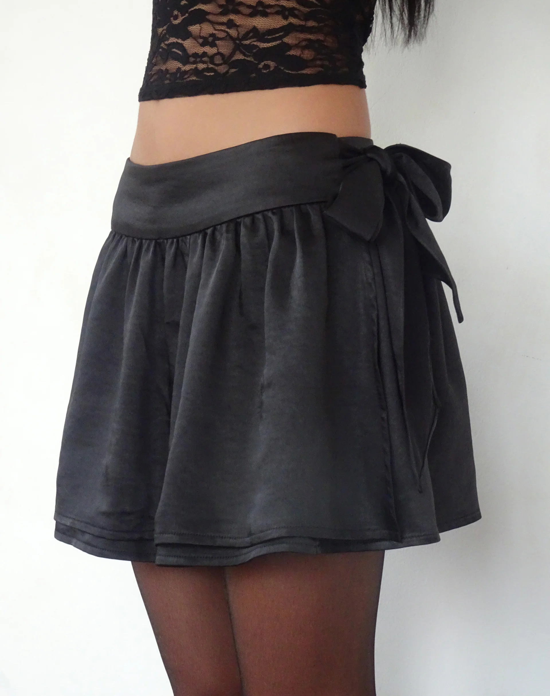 Habema Wrap Mini Skirt in Satin Black - Awmao