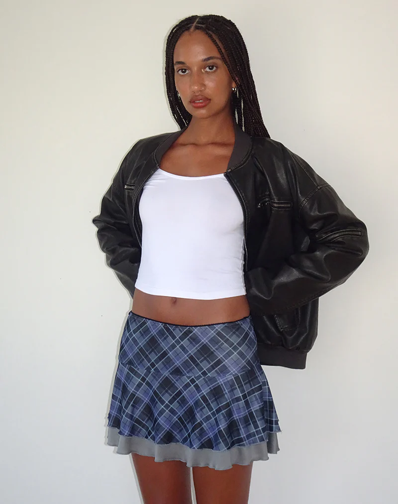 Friska Mini Skirt in Blue Grey Check Mesh - Awmao
