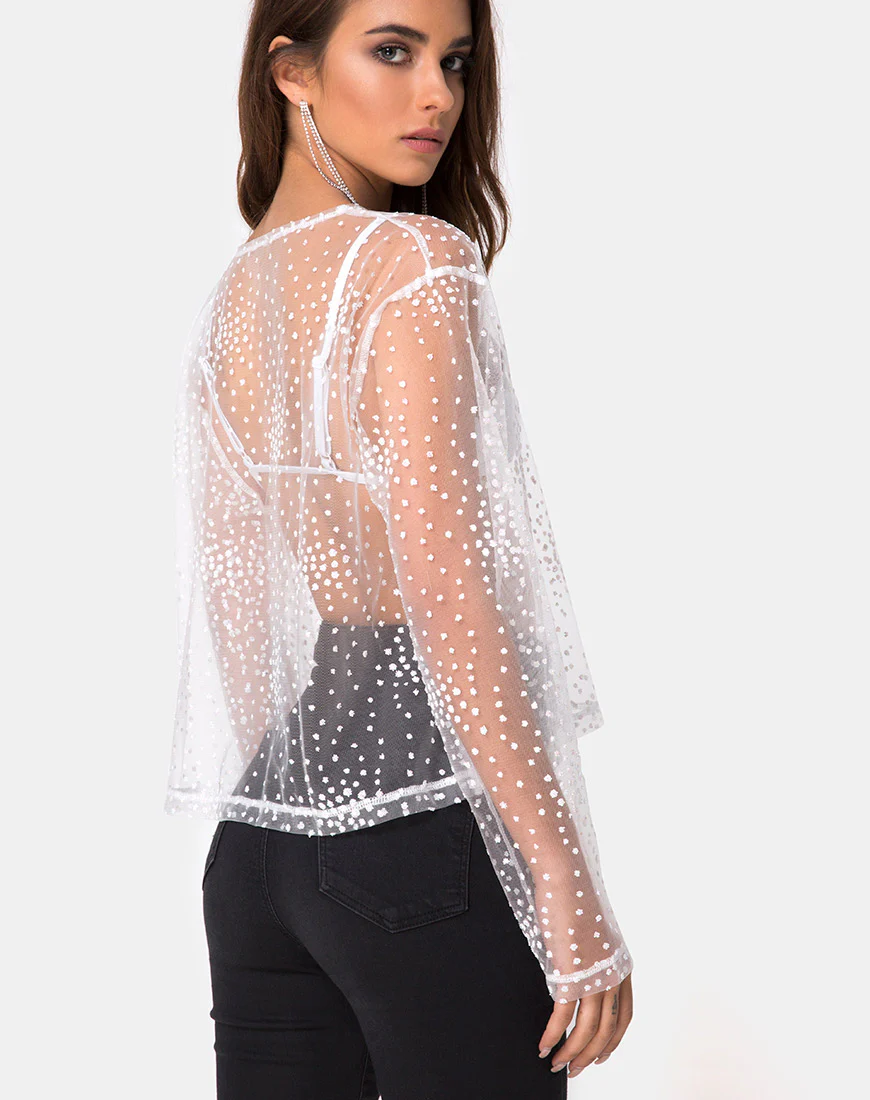 Ether Longsleeve Top in White Glitter on Net White - Awmao