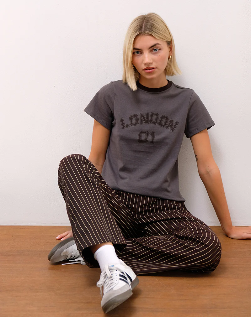 Wasic Wide Leg Linen Trousers in Deep Mahogany Pencil Stripe - Awmao