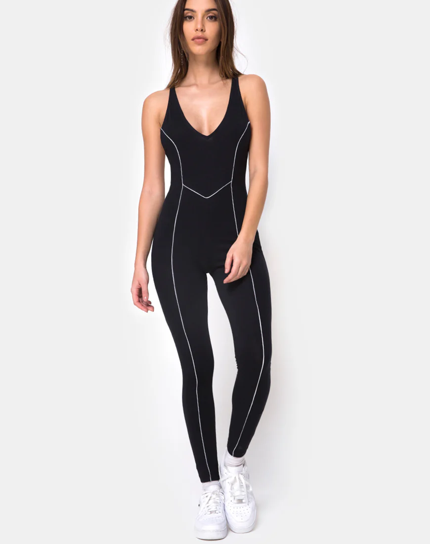 Pion Plunge Catsuit in Black with Piping Line - Awmao