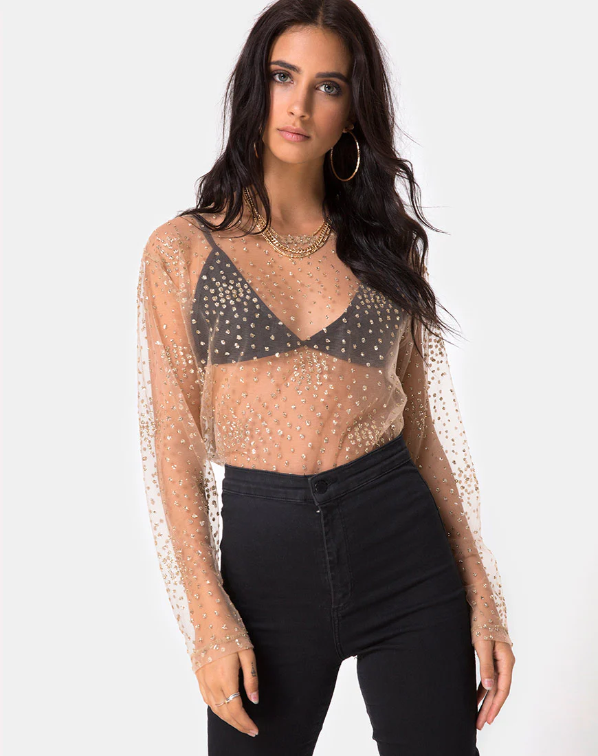 Ether Longsleeve Top in Gold Glitter on Net Tan - Awmao