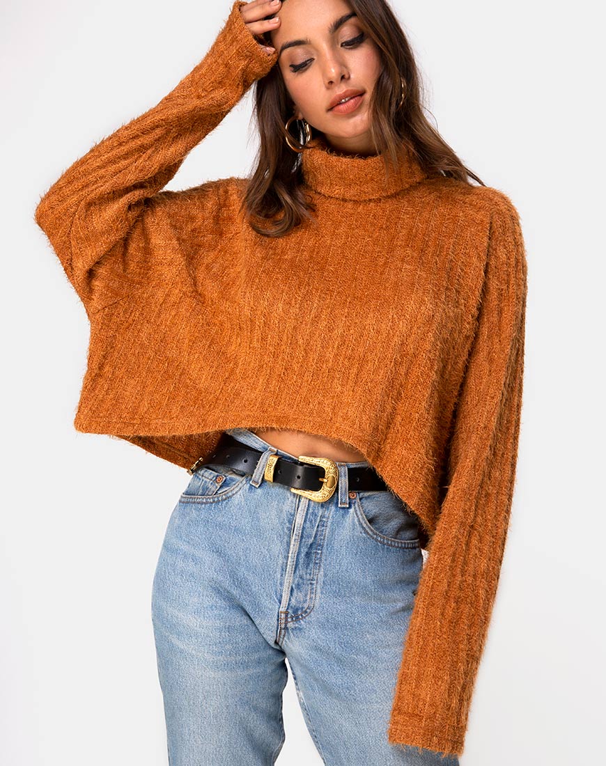 Evie Cropped Sweatshirt in Rust Knit - Awmao