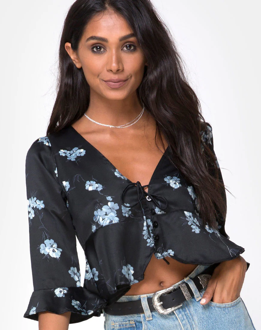 Vinequa Top in Satin Mono Flower Black - Awmao