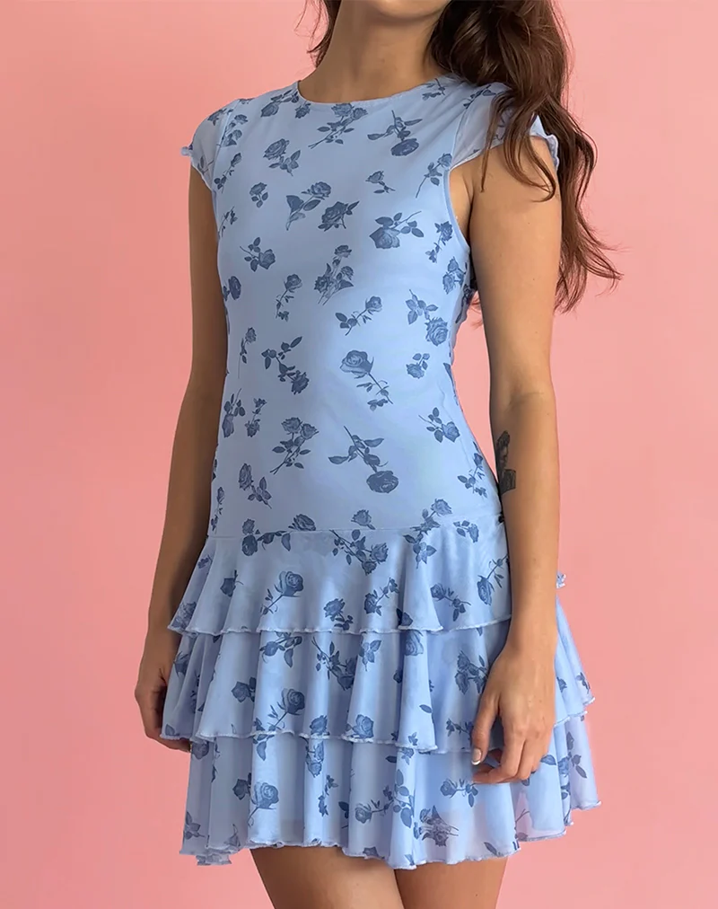 Mirtilo Mini Dress in Inky Blue Floral Mesh - Awmao
