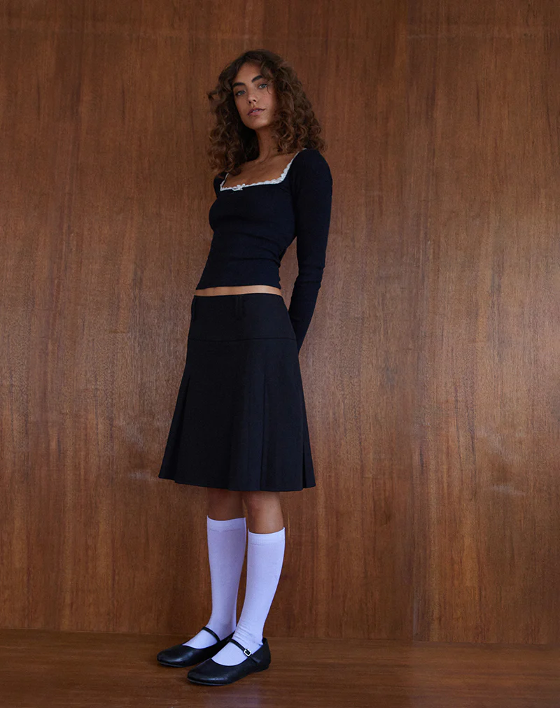 Fermi Pleated Midi Skirt in Tailoring Black - Awmao