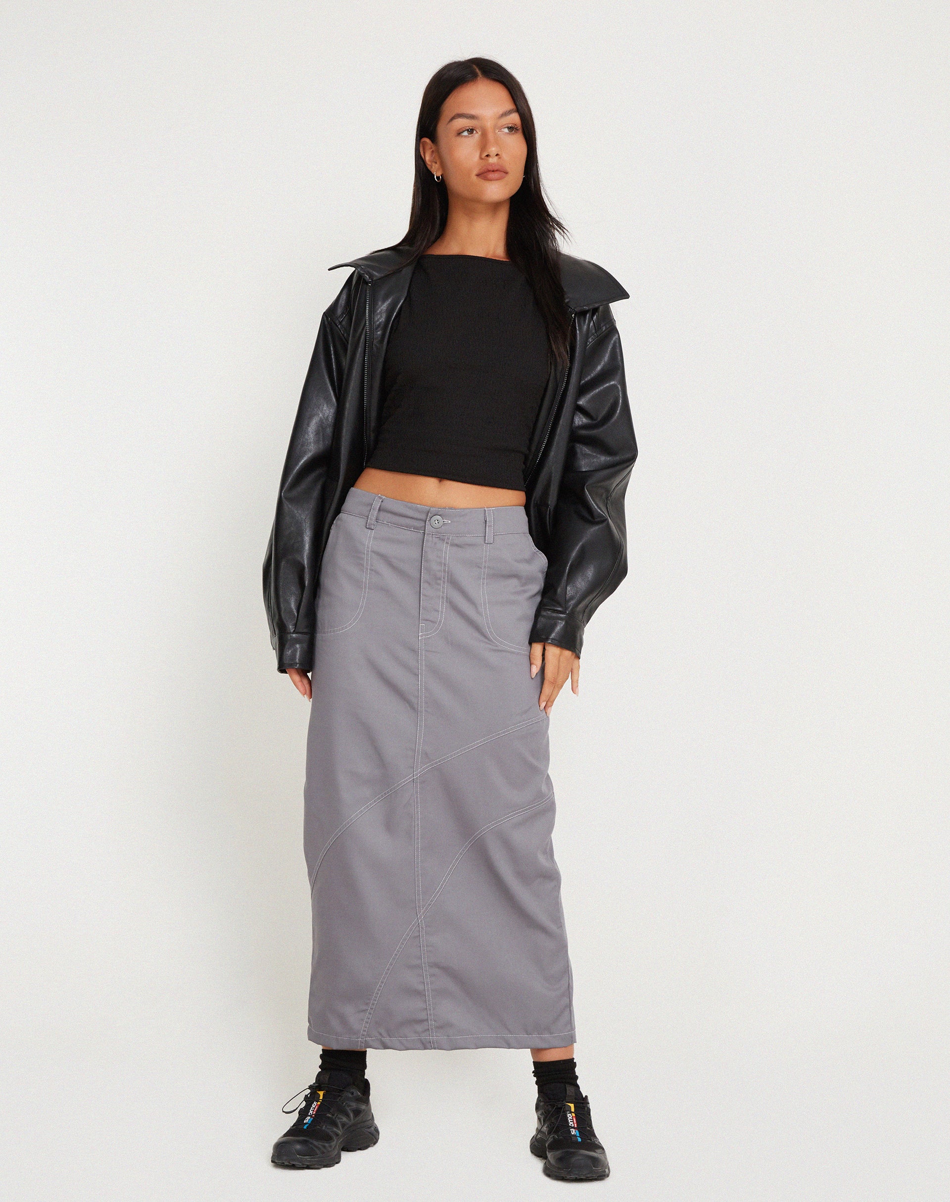 Reese Cargo Midi Skirt in Charcoal Grey with White Stitch - Awmao