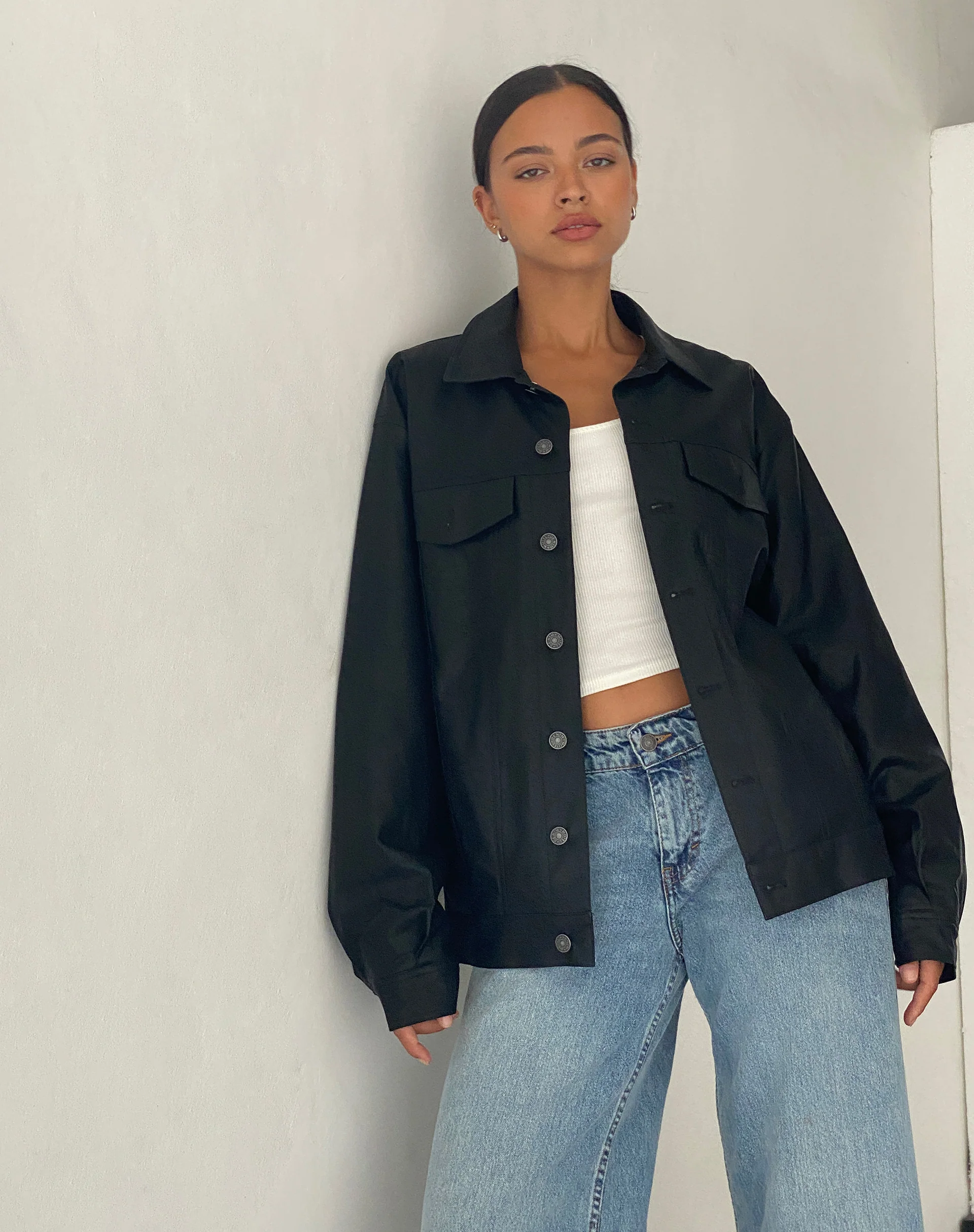 Colleen Oversized Jacket in PU Black - Awmao