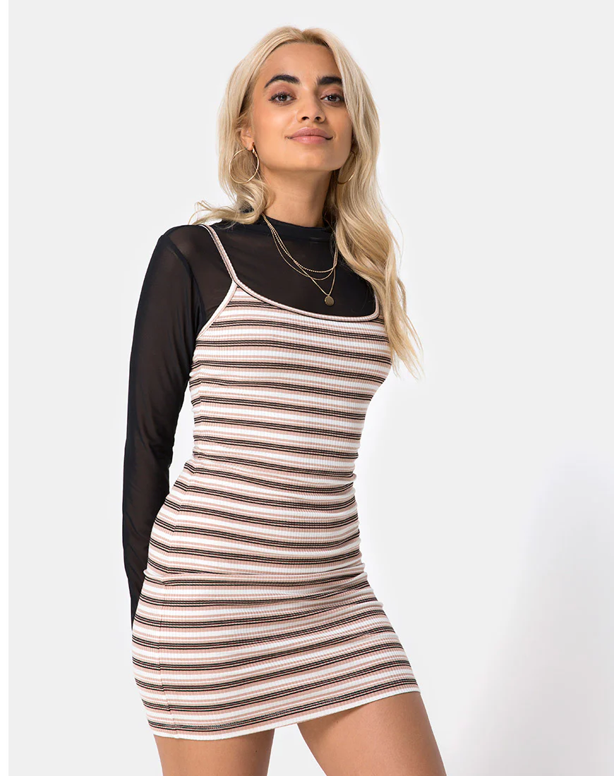 Saleh Bodycon Dress in Rib Stripe Cream Black and Tan - Awmao