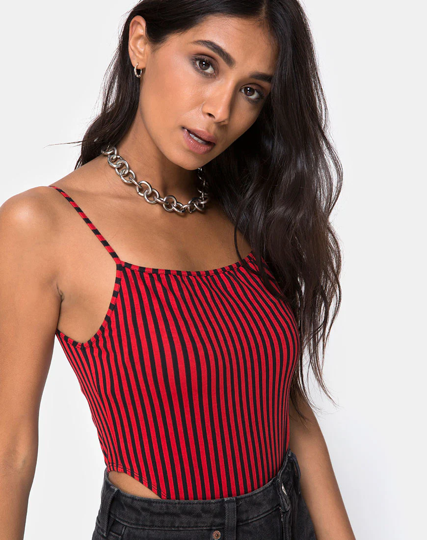 Solemo Bodice in Mini Stripe Red and Black - Awmao