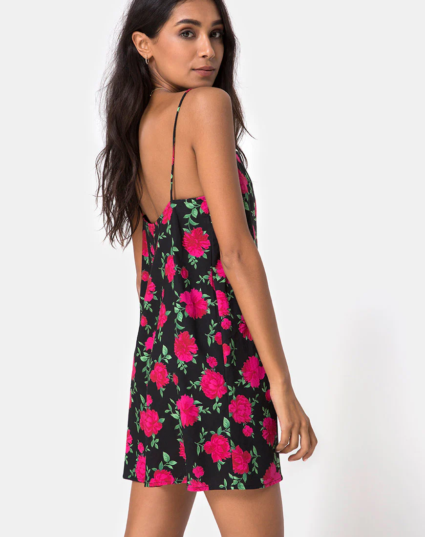 Lura Slip Dress in Valeria Rose Black and Red - Awmao