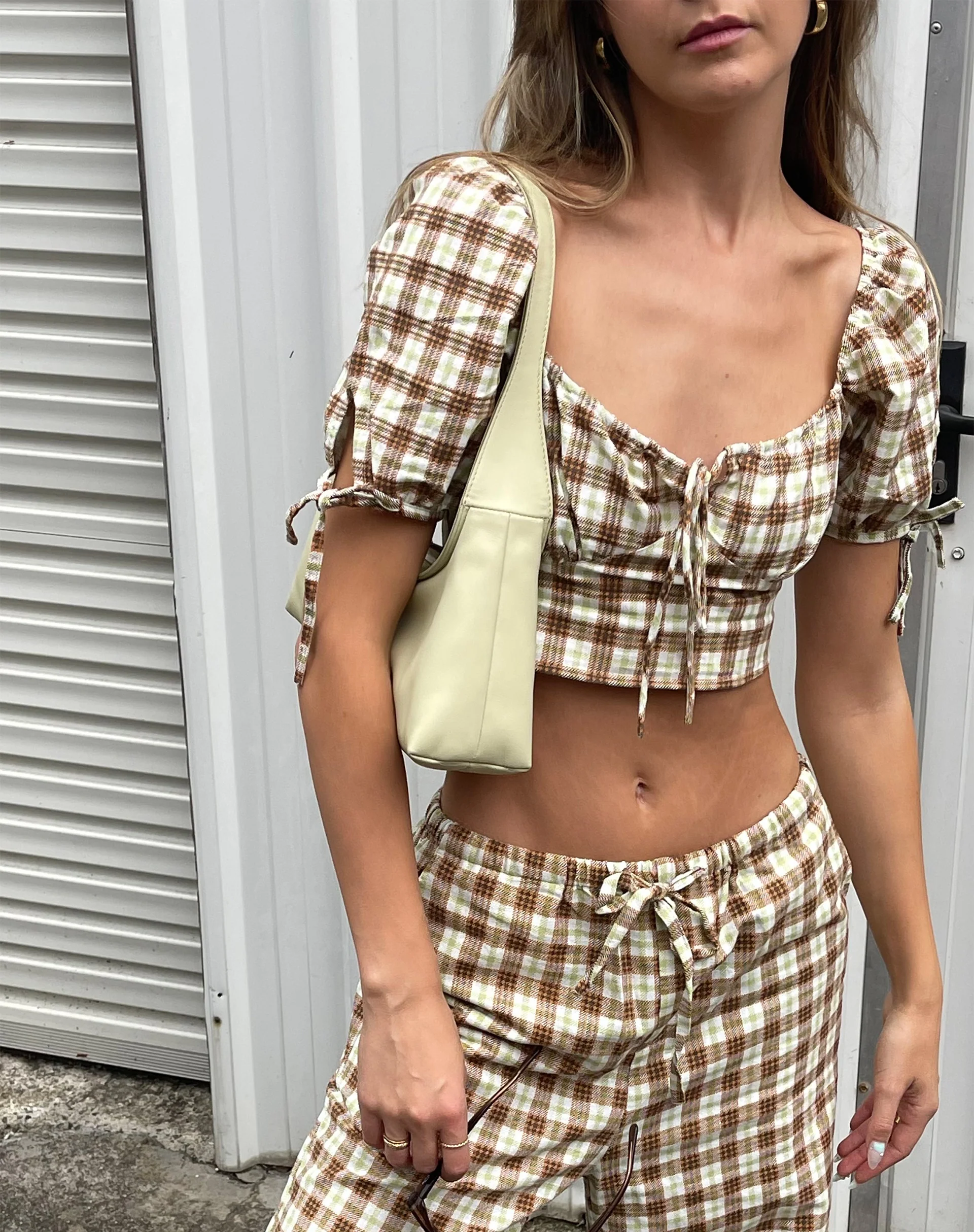 Auri Crop Top in Yellow Brown Check - Awmao