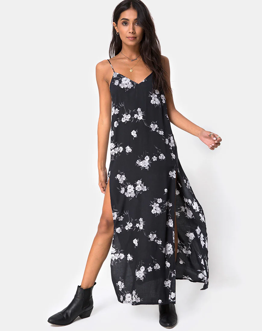 Hime Maxi Dress in Mono Flower Black - Awmao
