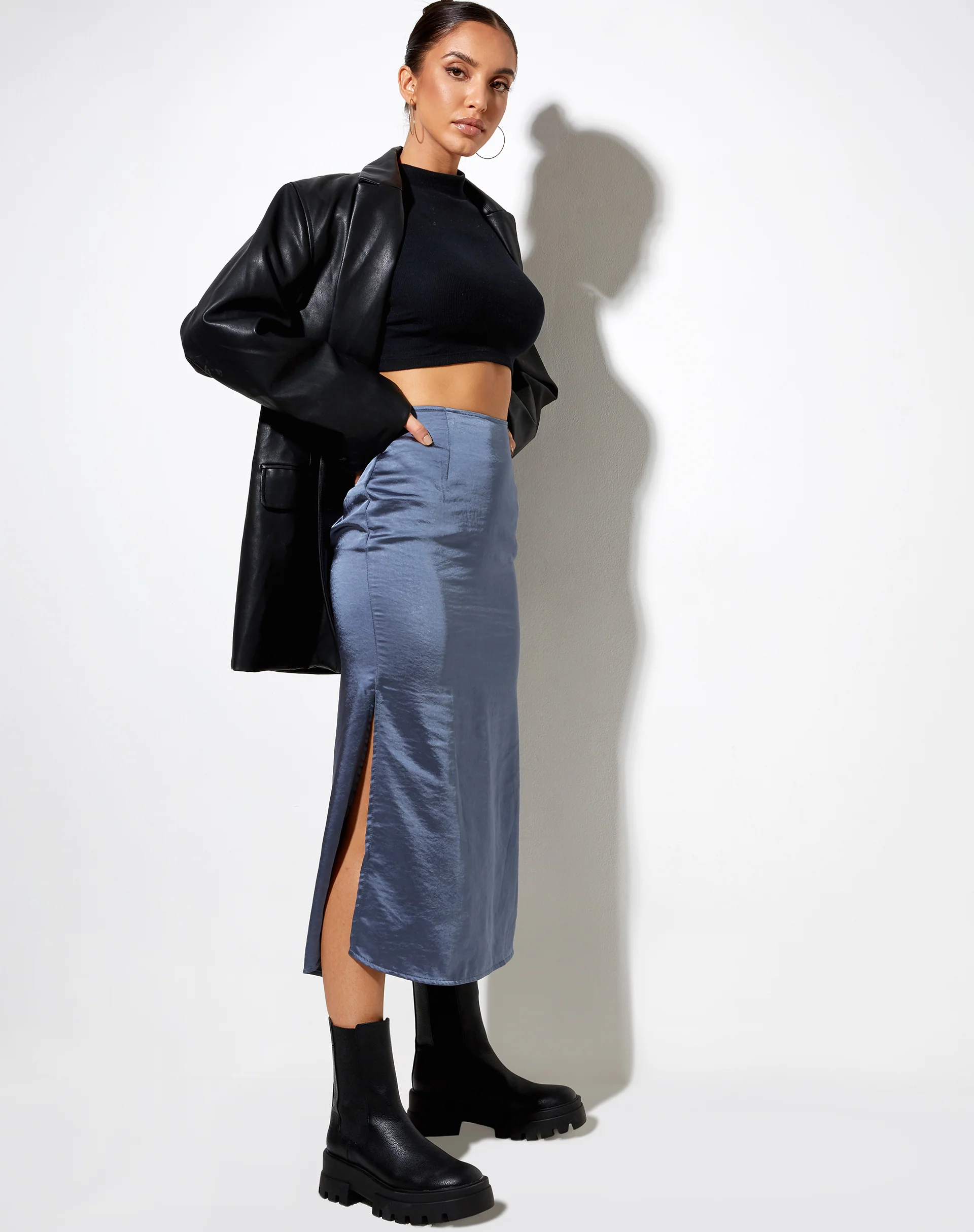 Tindra Midi Skirt in Satin Slate Blue - Awmao