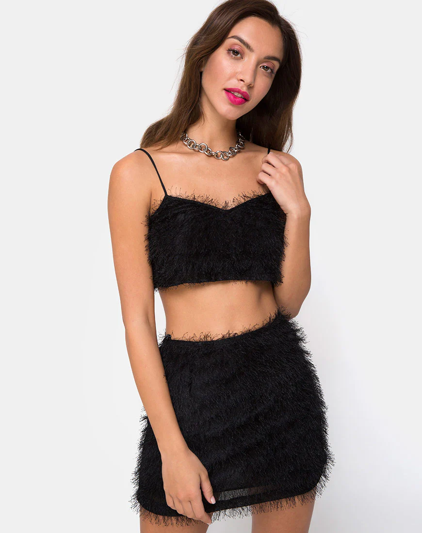 Weaver High Waist Skirt in Fringe Black - Awmao