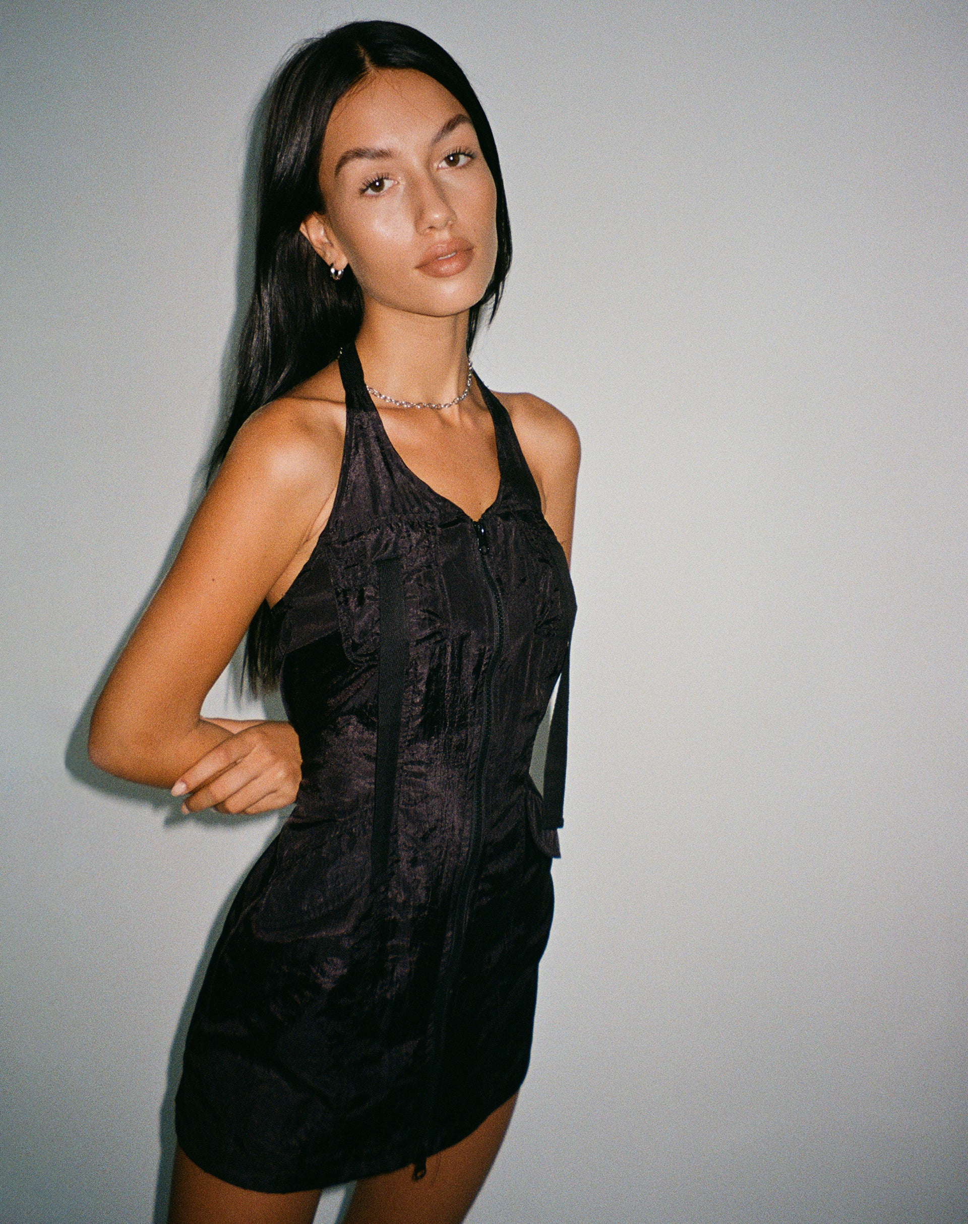 Anggi Mini Zip Up Dress in Parachute Black - Awmao