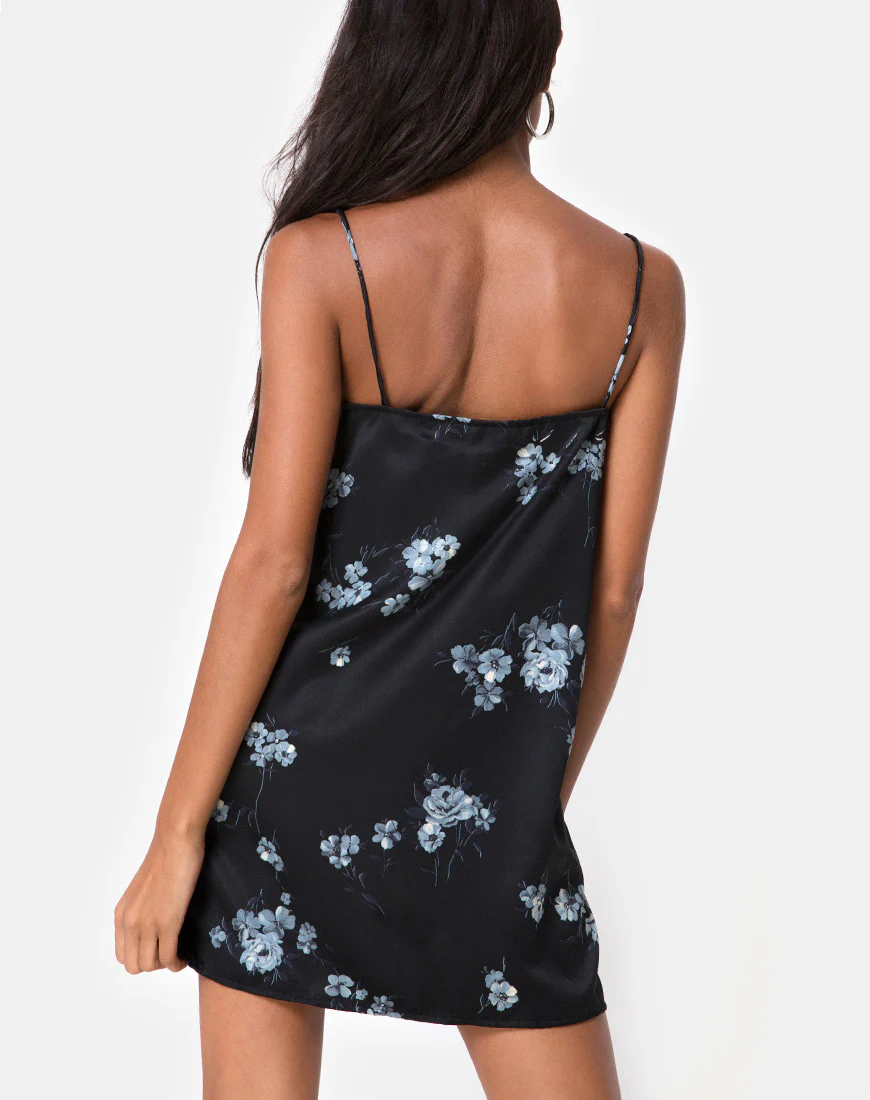 Gashi Slip Dress in Mono Flower Black Satin - Awmao