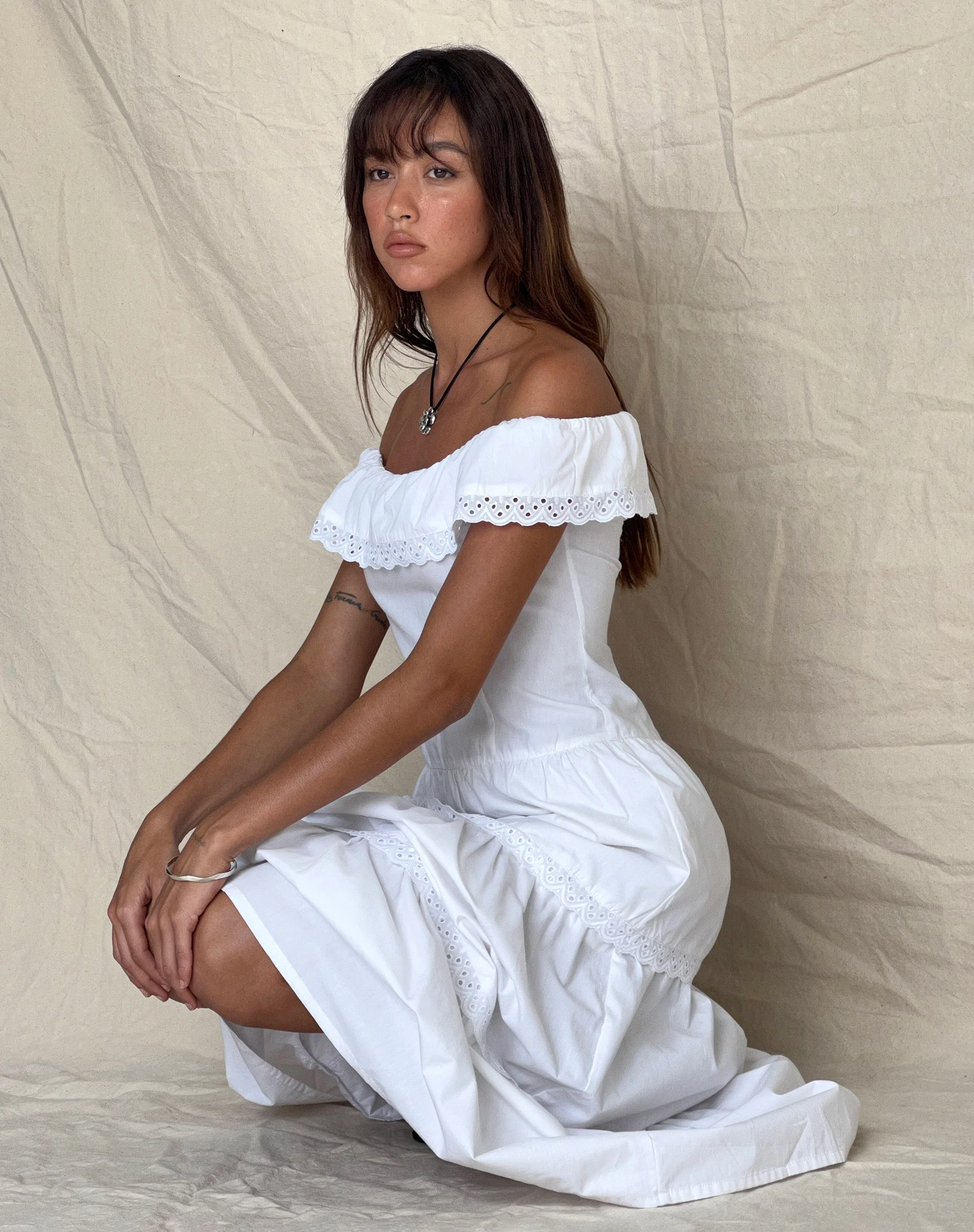 Helpa Tiered Bardot Maxi Dress in White - Awmao