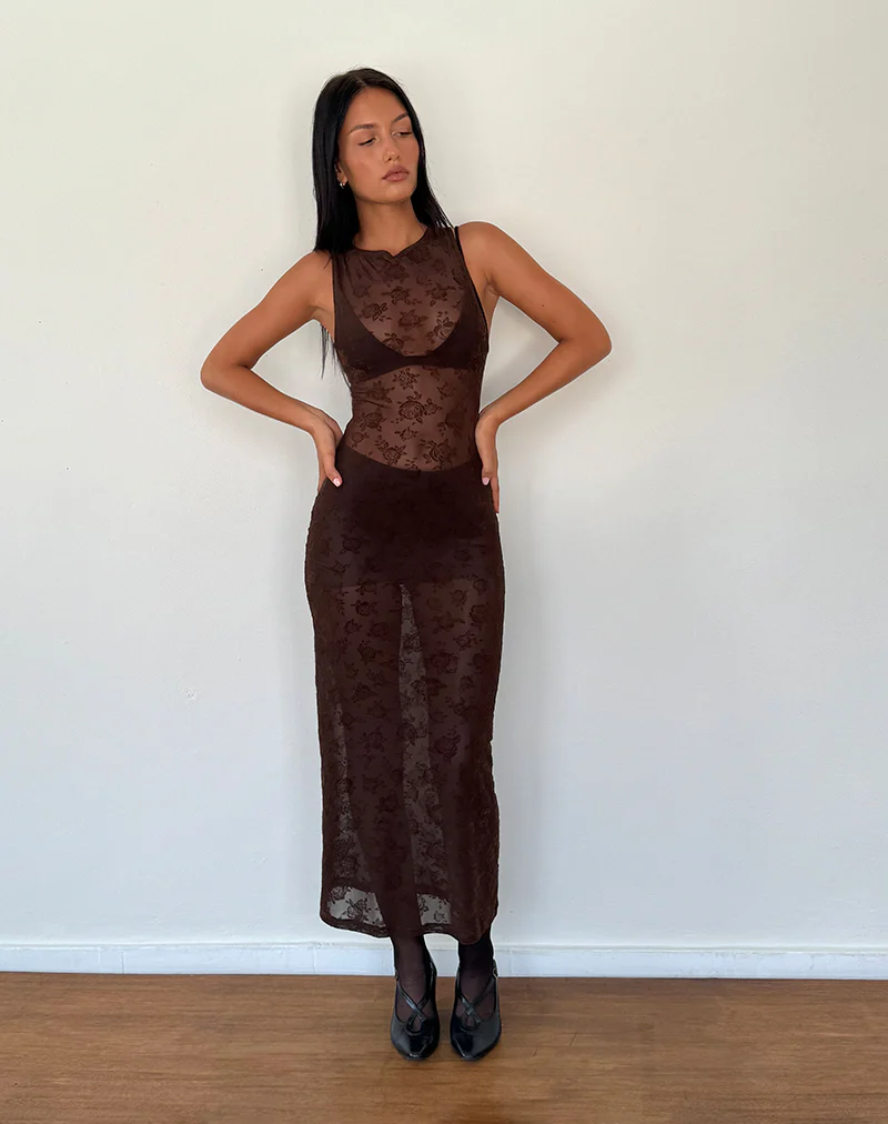 Florian Romantic Rose Midi Dress in Flock Brown - Awmao