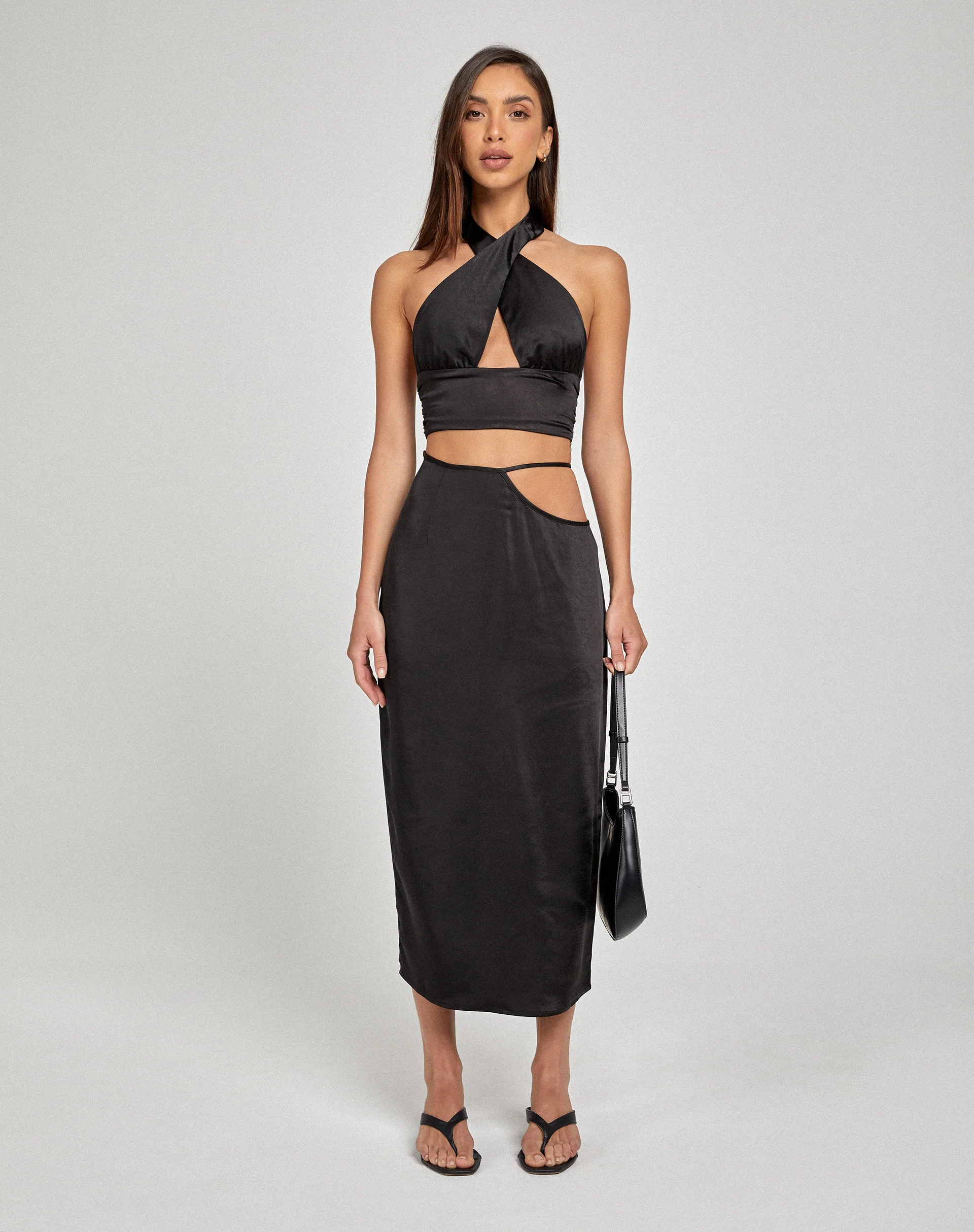 Gardy Midi Skirt in Satin Black - Awmao