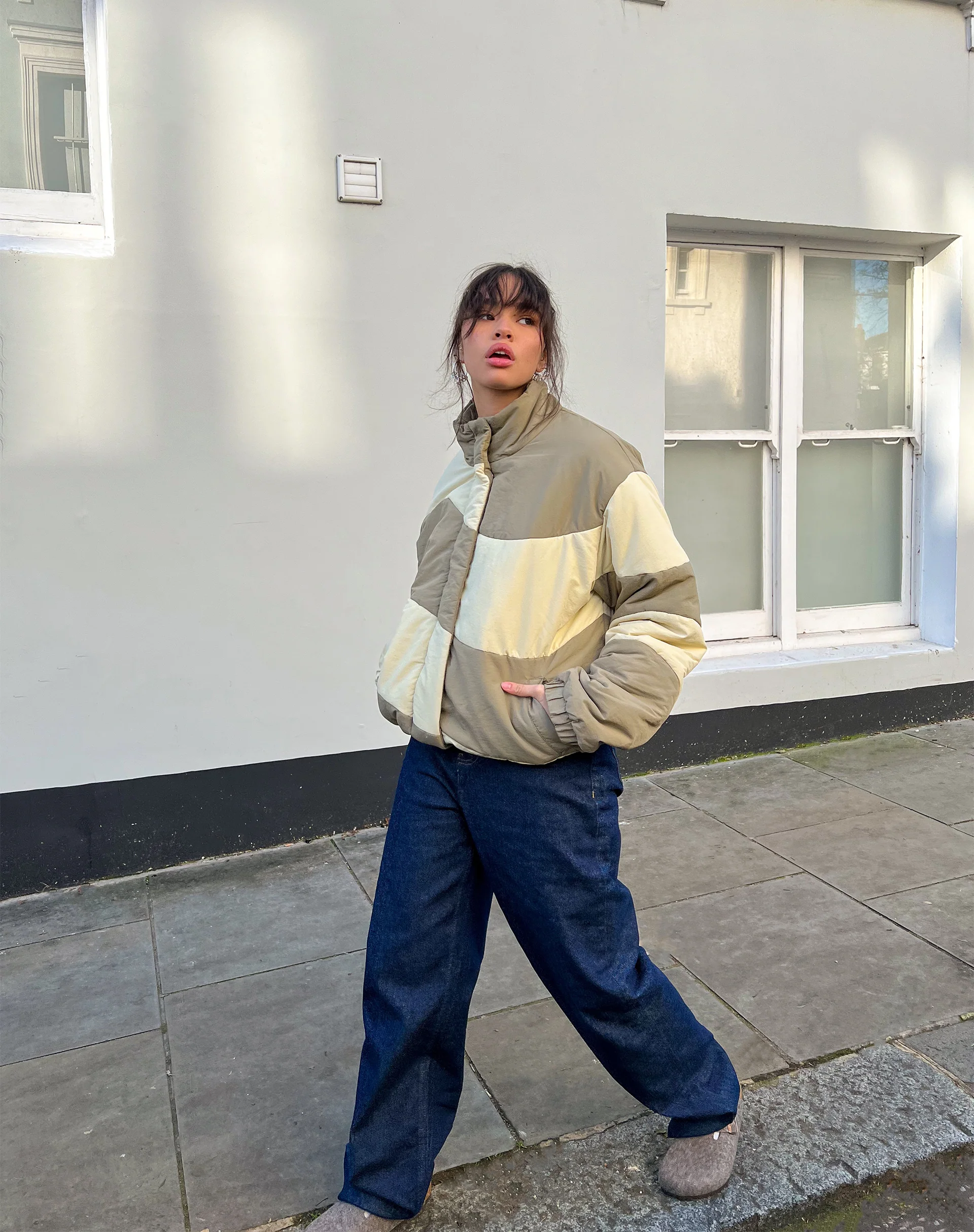 Renee Puffa Jacket in Panelled Cream and Taupe - Awmao