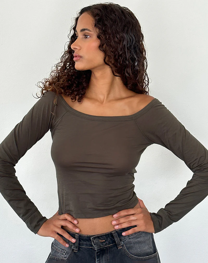 Gavya Long Sleeve Bardot Top in Olive Jersey - Awmao