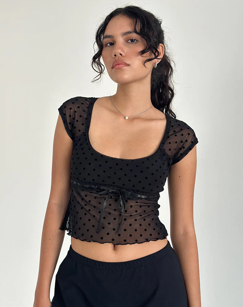 Rada Top in Flocked Mesh Basic Polka Black - Awmao