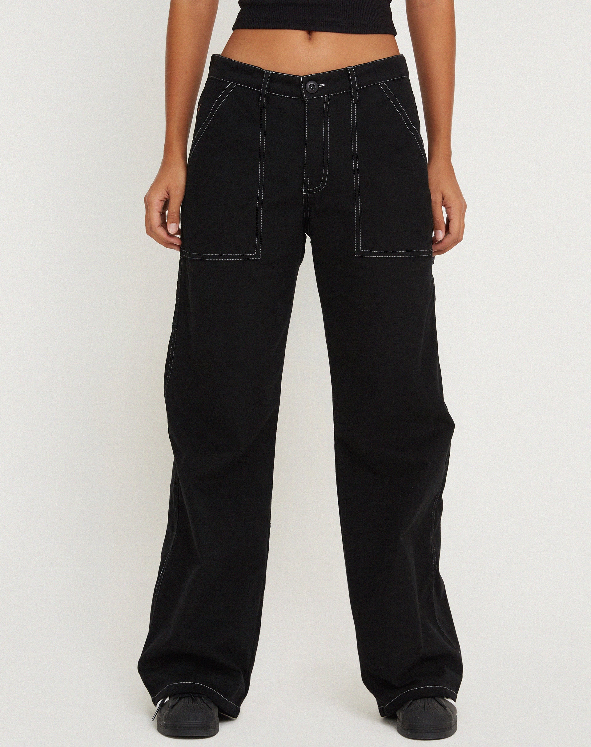 Kusnaedi Wide Leg Trouser in Black and White Top Stitch - Awmao