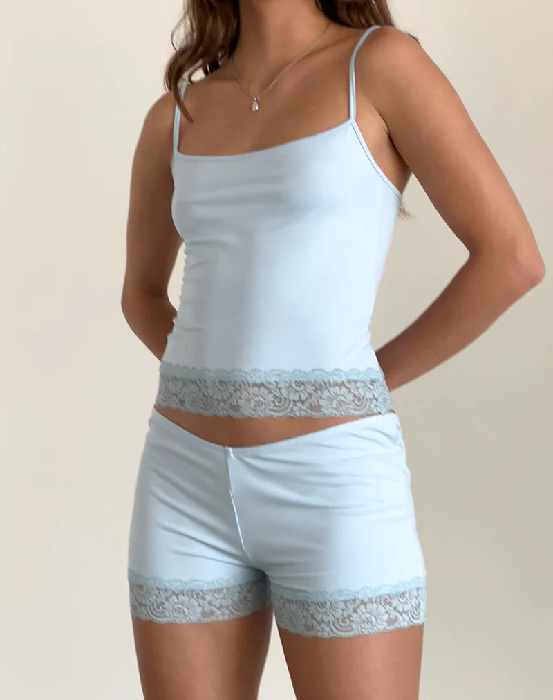 Kuden Lace Hem Micro Shorts in Soft Slinky Blue - Awmao