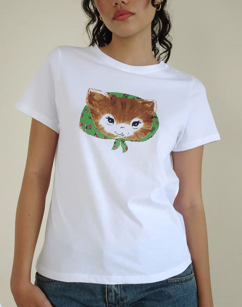 Saki White Tee in Kitty Print - Awmao