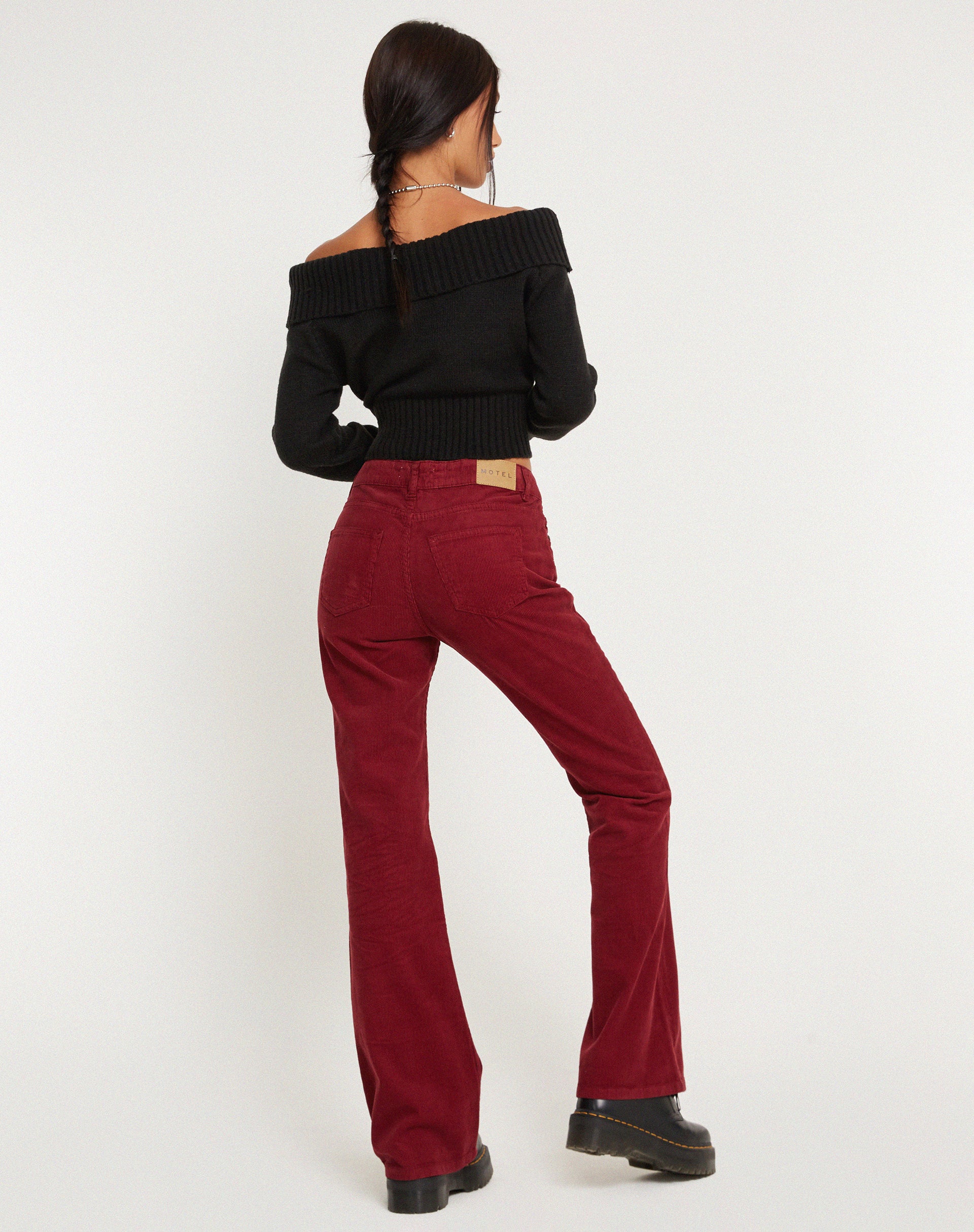 Low Rise Bootleg Jeans in Cord Maroon - Awmao