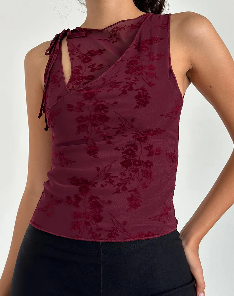 Moni Vest Top in Botanical Flower Maroon - Awmao