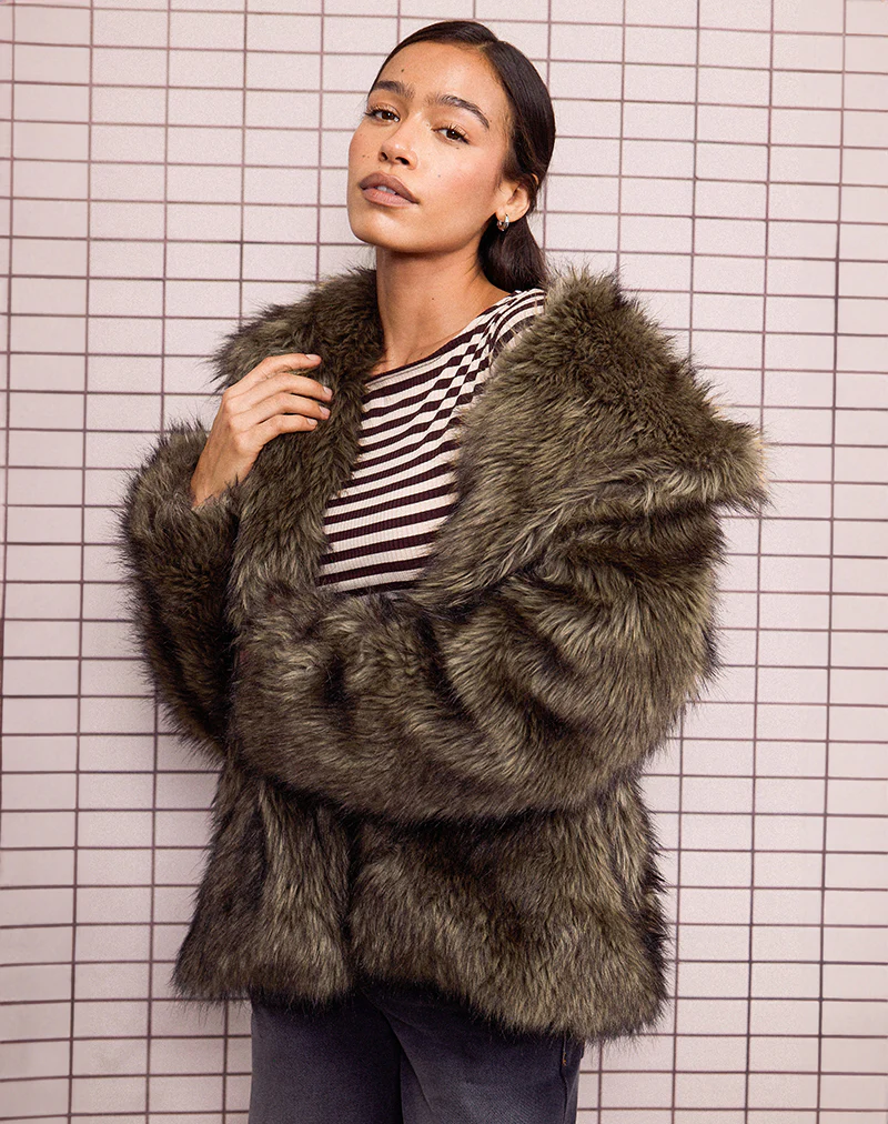 Lupita Jacket in Faux Long Fur Brown - Awmao