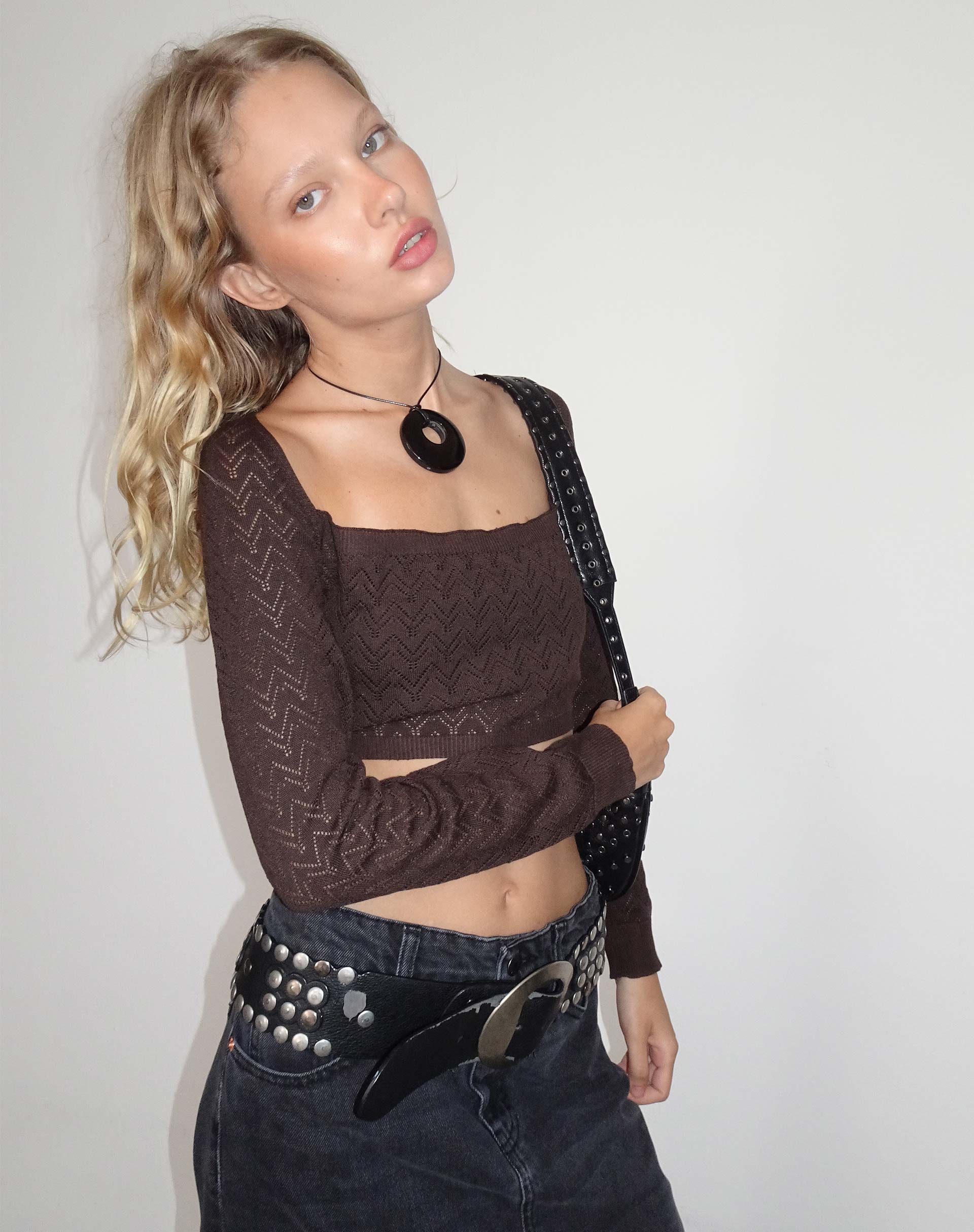 Calum Long Sleeve Top in Lightweight Pointelle Coffee - Awmao