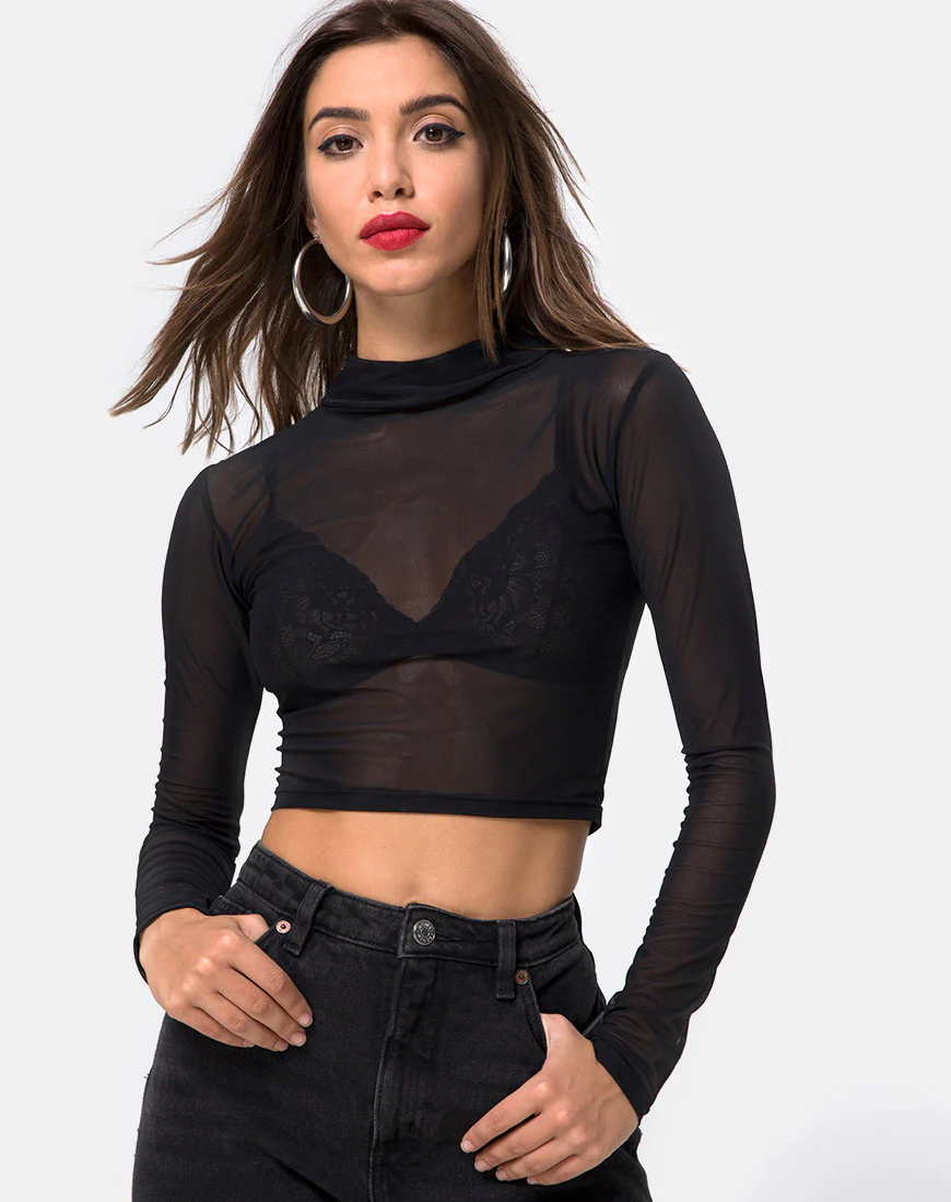 Rhala Crop Top in Black Net - Awmao