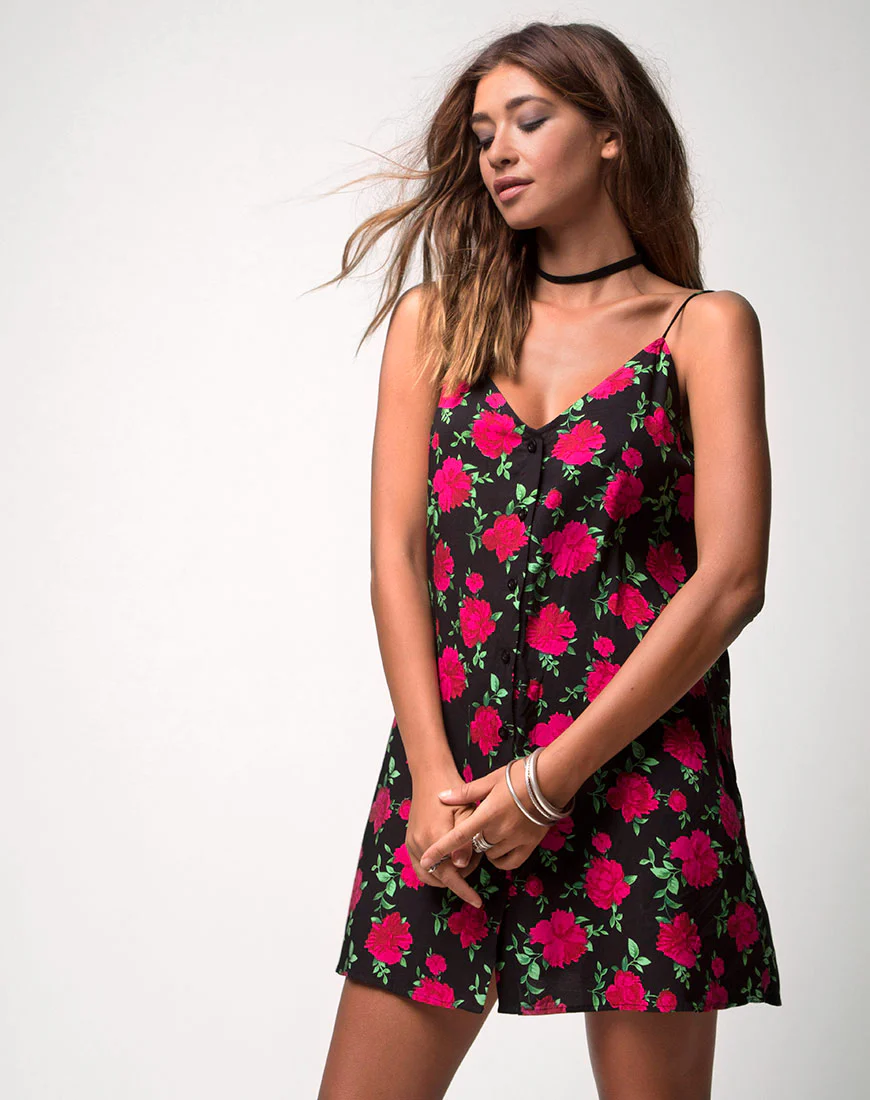 Sanna Slip Dress in Valeria Rose Black and Red - Awmao