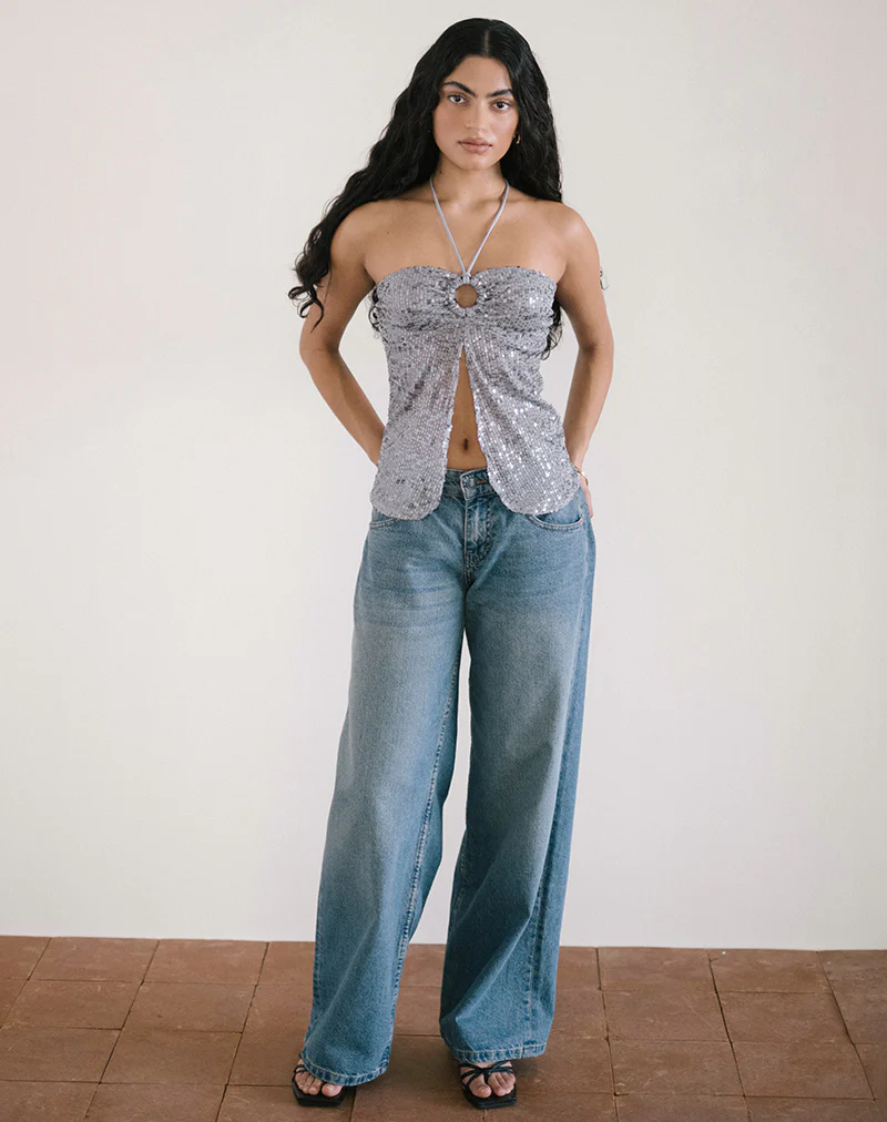 Janar Halterneck Top in Gauzy Sequin Silver - Awmao