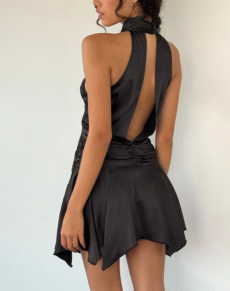 Hydri Satin Halterneck Mini Dress in Black - Awmao